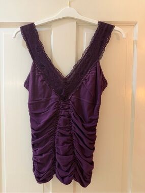 Free People Purple Ruched Lace V-Neck Tank Top